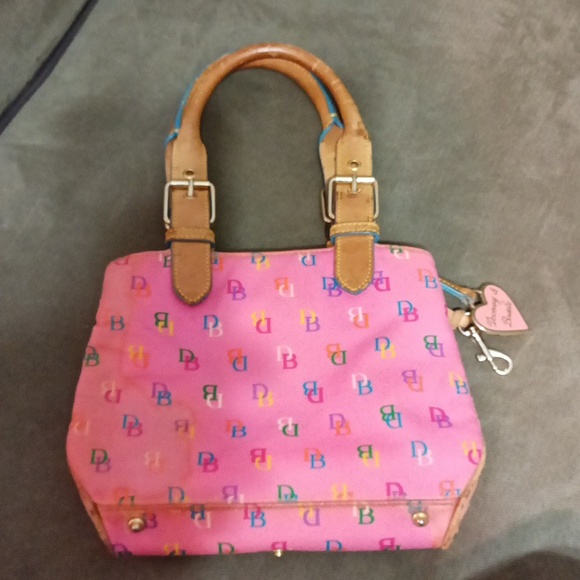 Dooney and Bourke pink multi color DB all over with tan leather handles - Picture 9 of 17